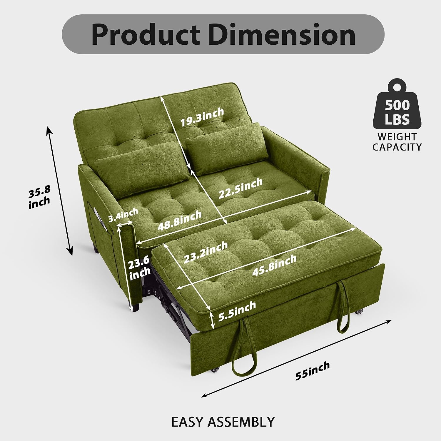 Convertible Sofa Bed, 3 in 1 Pull Out Couch, Loveseat Sleeper with Side Pocket, Living Room Sofa with Adjustable Backrest | USB Charging Port | Two Pillows | Fabric | Green Couch