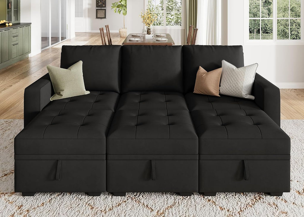 HONBAY Modular Sectional Couch Sleeper Sofa Bed with Storage Seats Oversized Sectional Couches for Living Room,Black