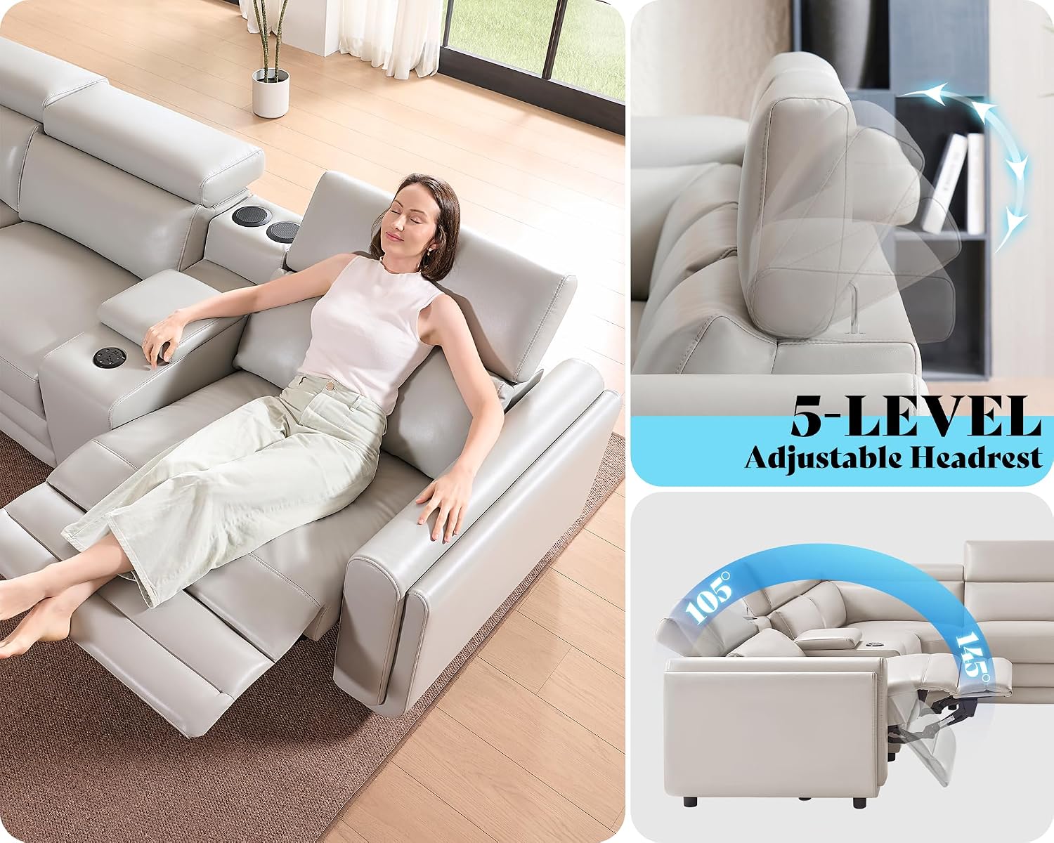 Amerlife Power Recliner Sectional Sofa, Reclining Sofa with Storage/USB Port, Leather Recliner Sofa with Adjustable Headrest, 5-Seat Reclining Sectional Couches with Console and Cup Holder, Light Grey