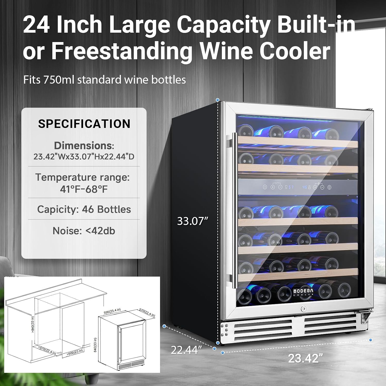BODEGA 24 inch Wine Cooler, 46 Bottle, Under Counter Wine Cooler 24'' with Adjustable Shelves, Built-in Wine Refrigerators Free standing, Energy Efficient, Dual Zone Wine Fridge for Home Bar Office.