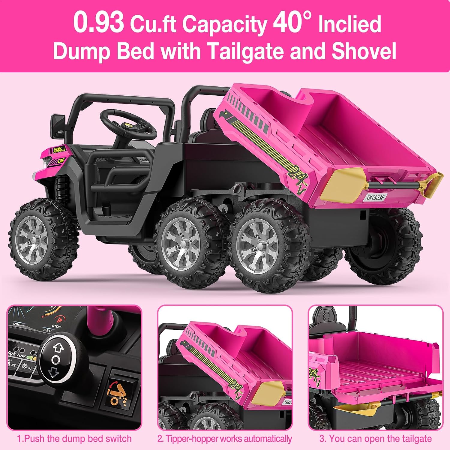 Hetoy 24V Ride on Dump Truck with Remote Control, Electric Dump Bed, Electric Utility Vehicles UTV 4WD Battery Powered 6 Wheeler Ride On Toys for Boys Girls (Pink)