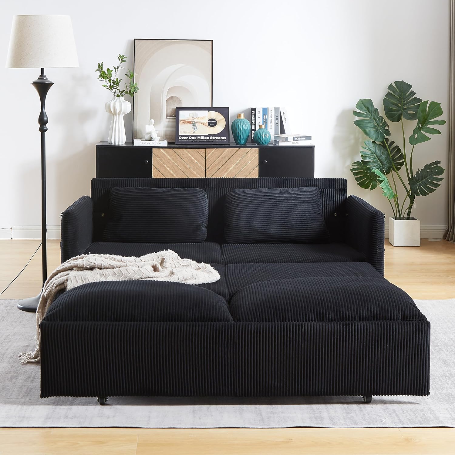 Eafurn 3 in 1 Convertible Pull Out Sleeper Sofa Couch Bed Queen Size, Corduroy Pullout Lounge Loveseat RV Sofa&Couches Sofabed with Soft Pillows Armrest,Side Pockers for Living Room Apartment