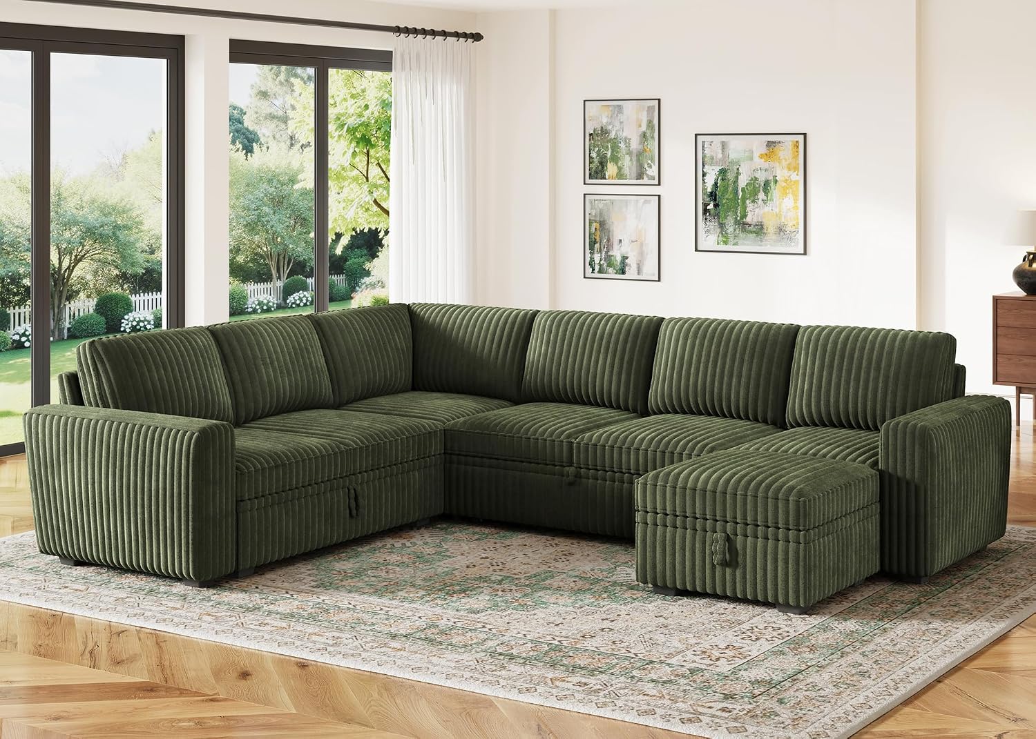 HONBAY Modular Sectional Sleeper Sofa with Pull Out Bed,Corduroy U Shaped Couch with Storage, Sectional Couches for Living Room,Green