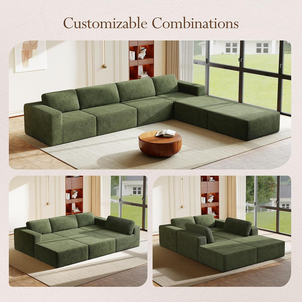 Vesgantti 159' Large Modular Sectional Sofa, U-Shaped Corduroy Cloud Couch with Deep Seats & Spring Support, 4-Seater Boneless Sofa with 2 Movable Ottomans, No Assembly Needed, Green