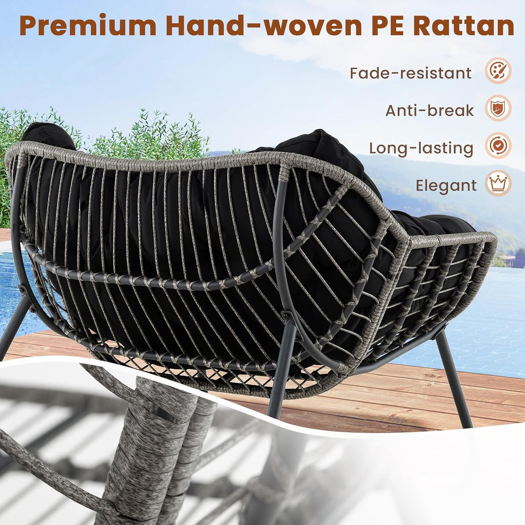 Giantex Set of 2 Outdoor Rocking Chair with Padded Cushion, Oversized Papasan Chair, PE Rattan, Egg Rocker for Reading, Front Porch, Garden, Patio, Backyard (Black)