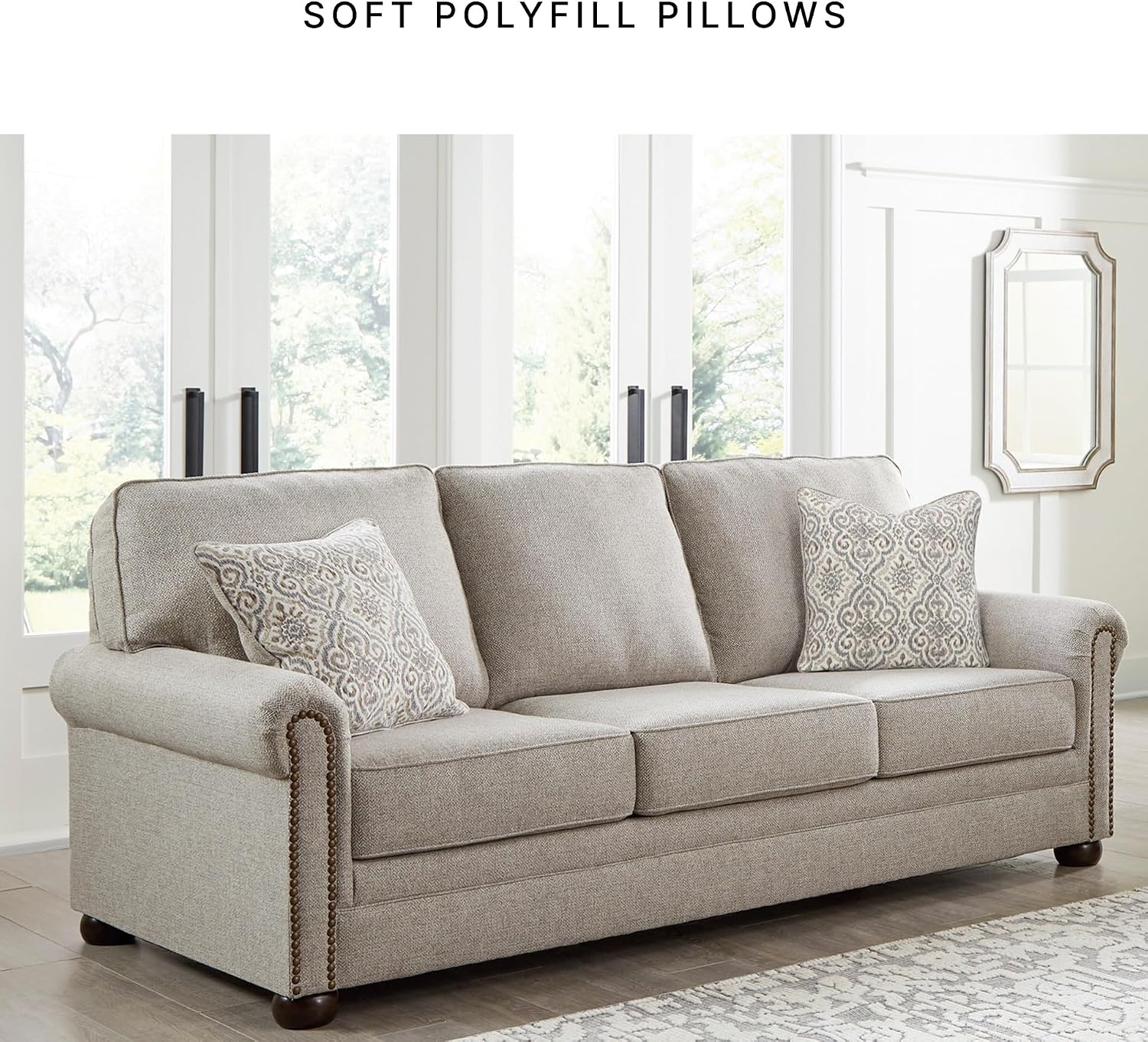 Signature Design by Ashley Gaelon Transitional 2-in-1 Sofa Sleeper with Folding Gel Memory Foam Mattress, Nailheads and 2 Accent Pillows, Queen, Beige
