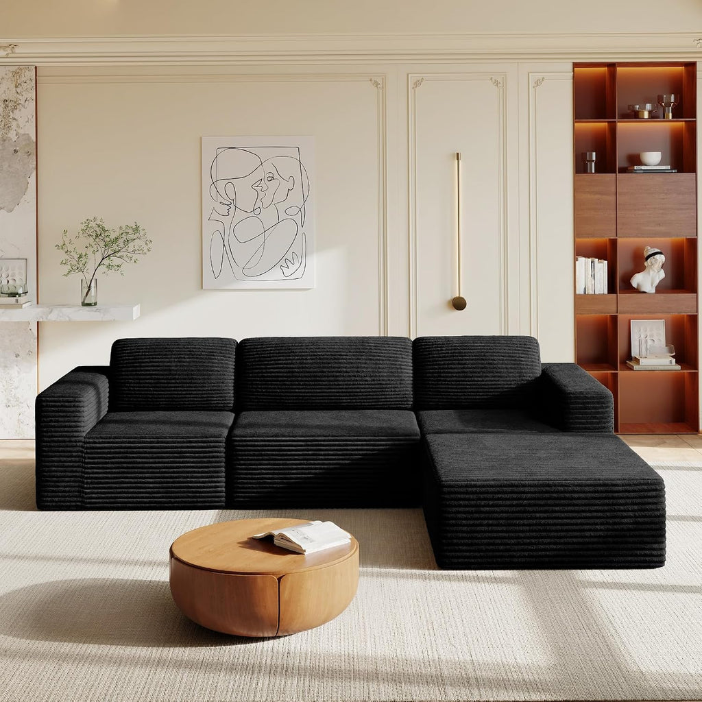 Vesgantti 119' L-Shaped Modular Sectional Sofa, Corduroy Cloud Couch with Deep Seating & Spring Support, Flexible Layout Sofa with Ottoman, Boneless Style, No Assembly Required, Black