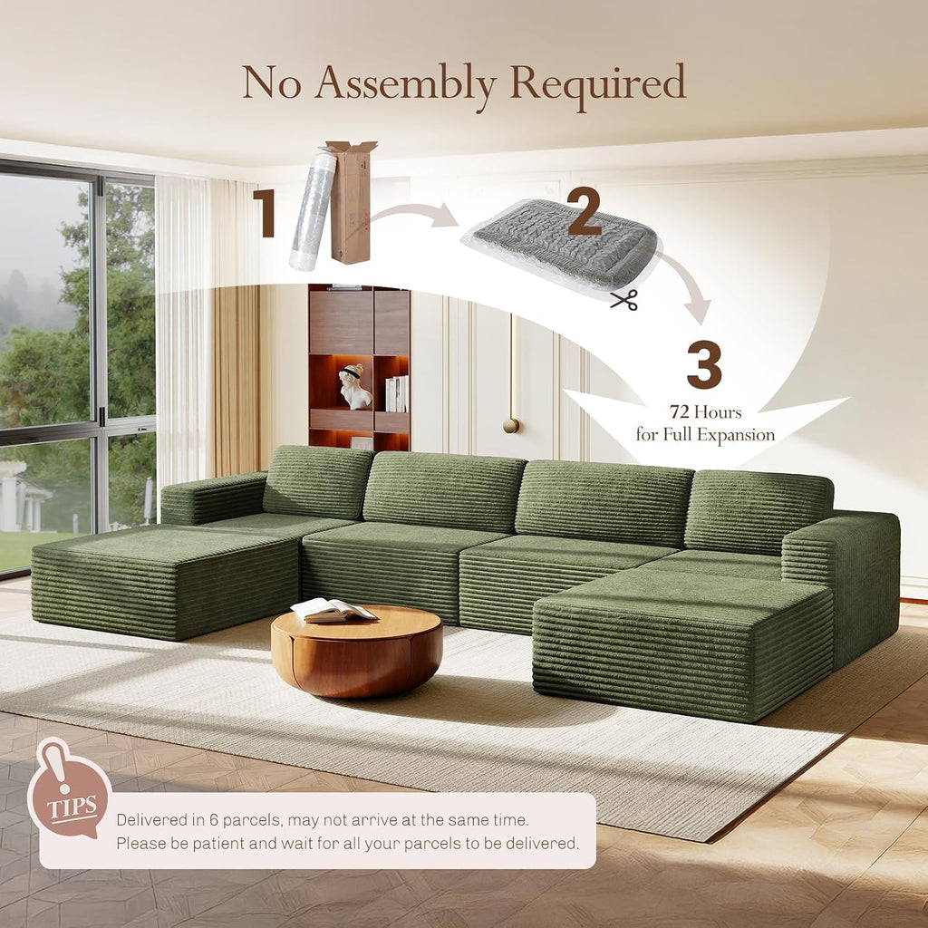 Vesgantti 159' Large Modular Sectional Sofa, U-Shaped Corduroy Cloud Couch with Deep Seats & Spring Support, 4-Seater Boneless Sofa with 2 Movable Ottomans, No Assembly Needed, Green