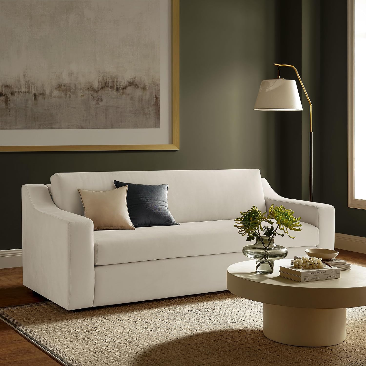 Modway Liora 87 Inch Stain-Resistant Performance Velvet Sofa in Alabaster - 3 Seater Upholstered Sofa Couch for Living Room Seating - Comfy Deep Seat Sofa with Scoop Arms