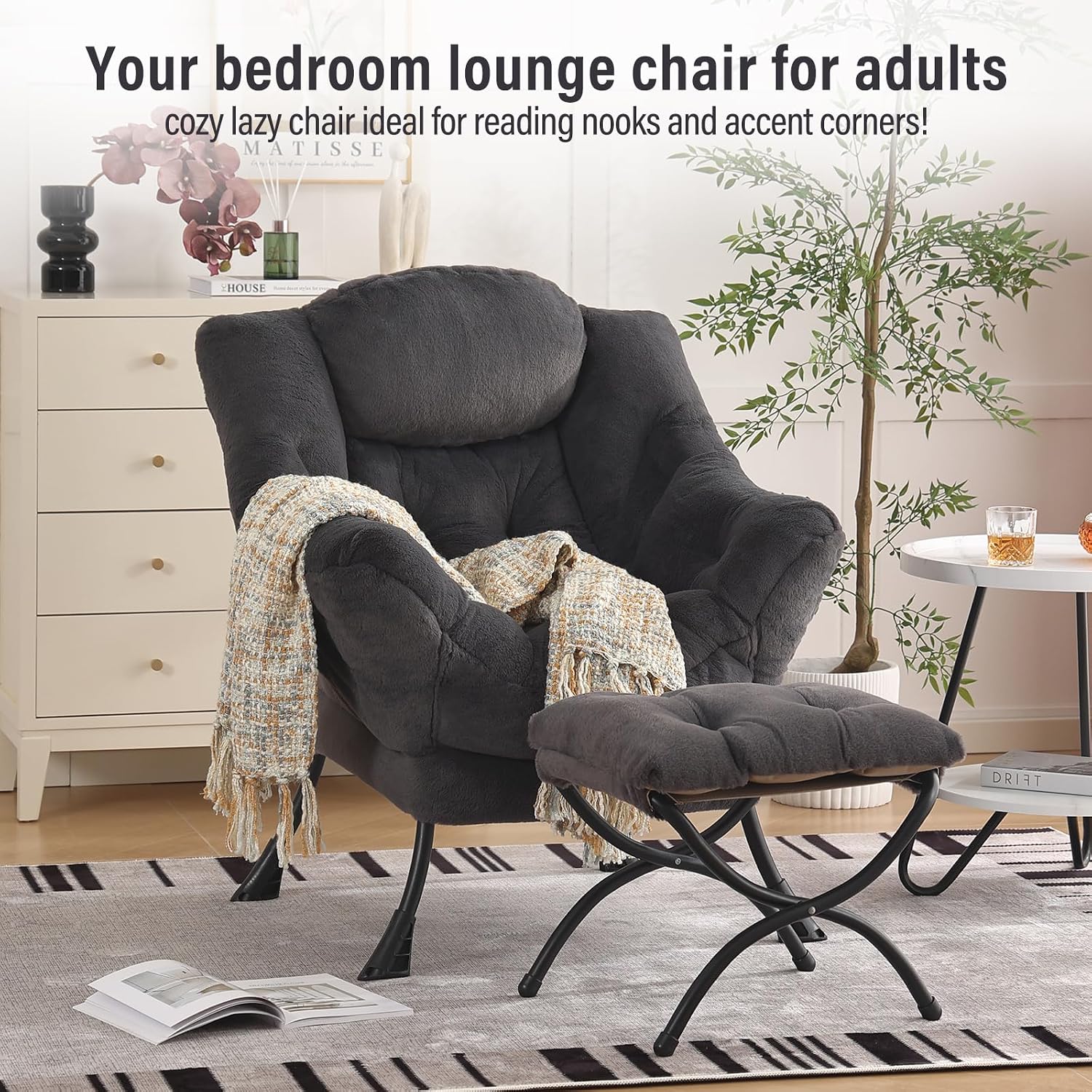 Furlide Lazy Chair with Ottoman, Modern Accent Chair with Armrests and a Side Pocket, Plush Navy Accent Chairs, Reading Chairs, Oversized Armchairs for Bedroom, Study, Living Room, Courtyard