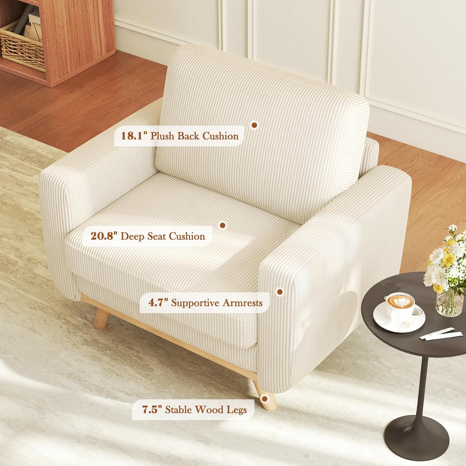 Vesgantti 38.5' Accent Chair Beige, Comfy Corduroy Single Sofa Seat with Spring Cushion, Upholstered Armchair with Deep Seat, Reading Chair for Adults, Modern Sofa for Living Room, Bedroom