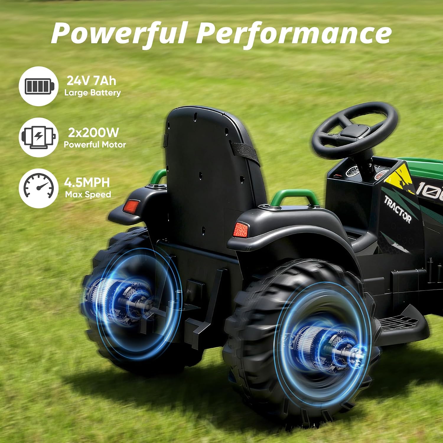 Hikiddo 24V Kids Ride on Tractor Toy, Electric Tractor for Kids 3-8 with Trailer, 2x200W Motors - Green