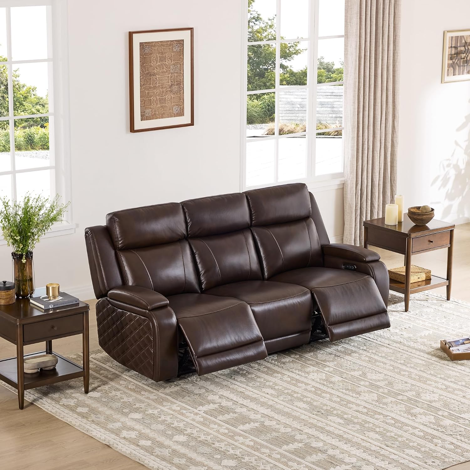 Watson & Whitely Genuine Leather Power Recliner Sofa, 3 Seater Zero Gravity Reclining Couch with Power Headrest & Flip Middle Backrest Table, Hidden Storage, Cup Holders for Living Room, Dark Brown