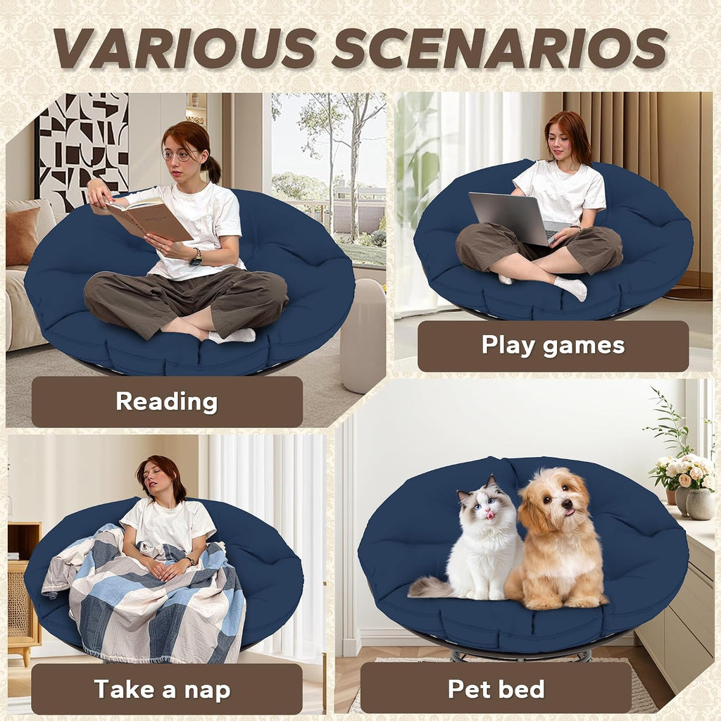 46'' Large Size Papasan Chair with (Non-Swivel) Cushion and Frame, Living Room Chair for Reading, Navy Blue