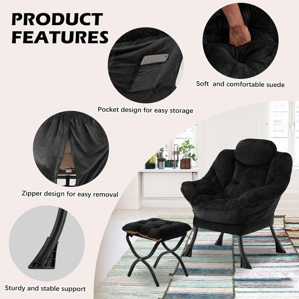 Lazy Chair with Folding Ottoman,Leisure Sofa Chair,Soft Fabric Armchair with Armrests and Side Pockets, Reading Chair with Footrest for Living Room, Bedroom, Office (Plush Black)