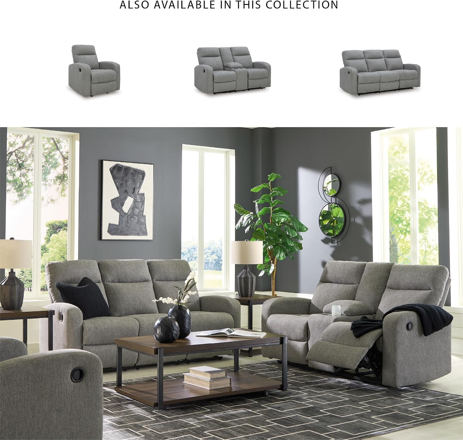 Signature Design by Ashley Carrigan Lane Classic Manual Pull Tab Dual Sided Reclining Sofa with Position Lock, Gray
