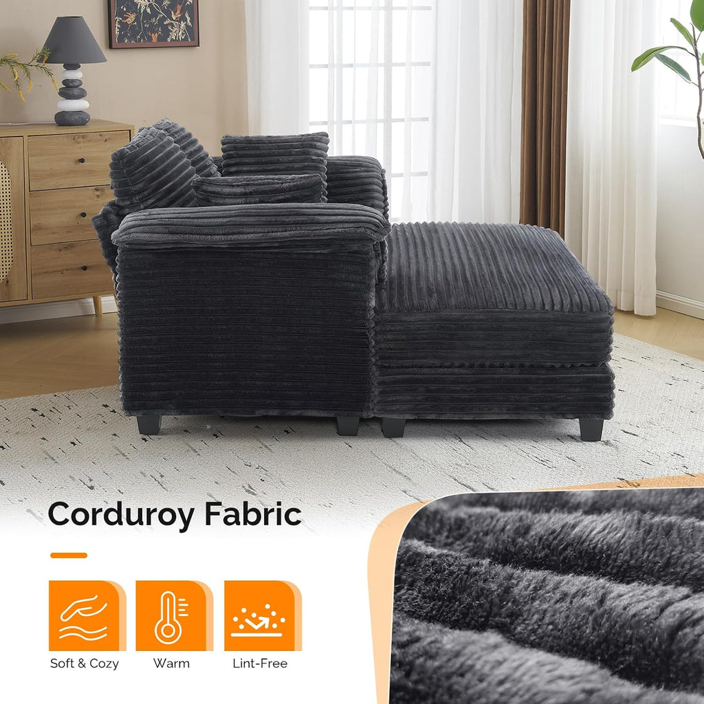 VINGLI 56' Oversized Chaise Lounge Chair, Dark Grey Comfy Corduroy Chaise Sofa Recliner Bed Upholstered Sleeper Couch Bed with Throw Pillows and Armrests for Living Room, Movie Room, Bedroom