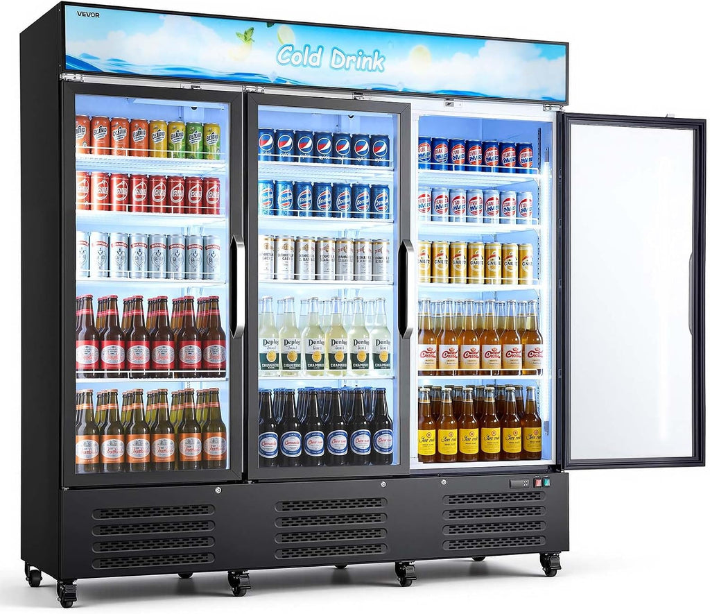 VEVOR Commercial Merchandiser Refrigerator, 54.3 Cu.Ft / 1538L Upright Beverage Cooler, 3 Glass Door Display Refrigerator with Customizable Lightbox, 12 Adjustable Shelves, Soft LED Lighting & Casters