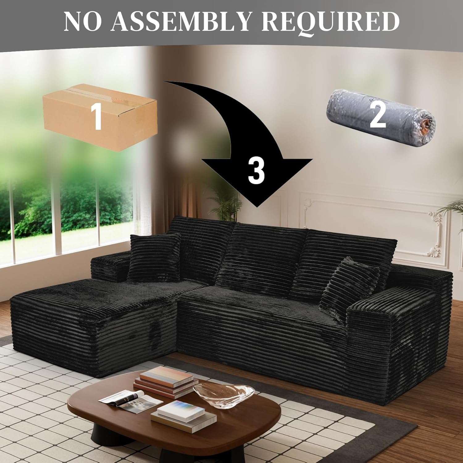 108' Boneless Couches for Living Room, L Shaped Comfy Cloud Modular Sectional Memory Foam Deep Seat Boneless Couch, No Assembly Required Boneless Sofa for Living Room with Left Facing Chaise, Black