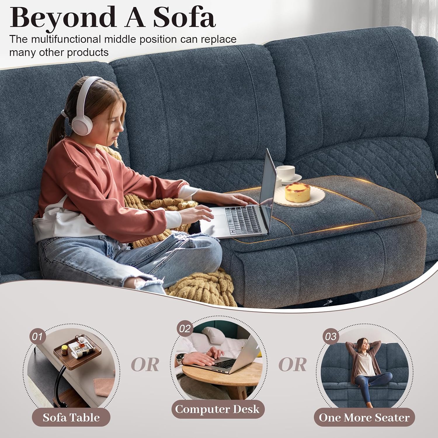 Yolsali 3-Seater Recliner Sofa, Manual Reclining Couch with Multi-Functional Middle Seat, Reclining Sofa for Living Room with Hidden Storage Space, Cup Holders, and Removable Console