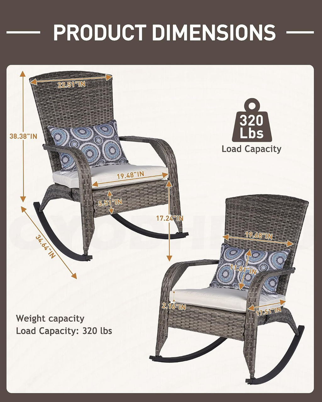 Outdoor Rocking Chairs Set of 2, Patio Rattan Rocker Chairs with Cushions & Steel Frame, All Weather Porch Rocking Chairs for Garden, Backyard, Poolside (Grey Rattan & Beige Cushion, 320lbs)
