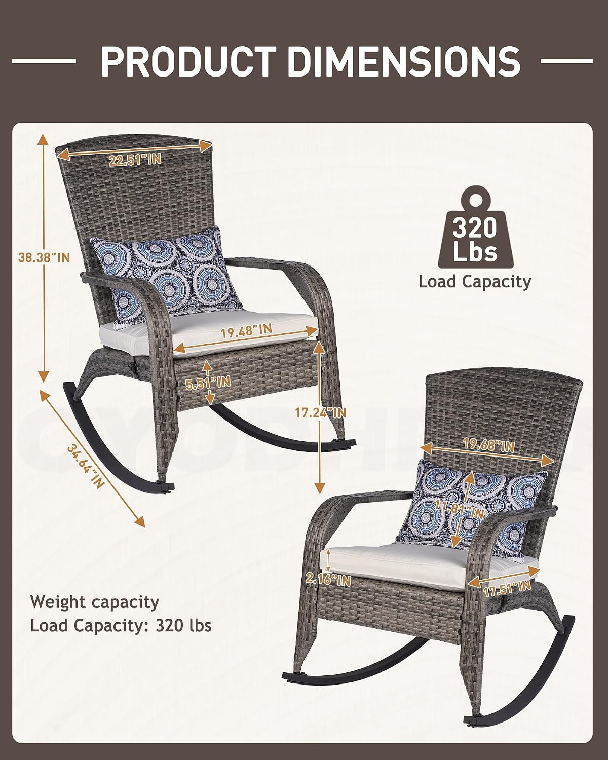 Outdoor Rocking Chairs Set of 2, Patio Rattan Rocker Chairs with Cushions & Steel Frame, All Weather Porch Rocking Chairs for Garden, Backyard, Poolside (Grey Rattan & Beige Cushion, 320lbs)