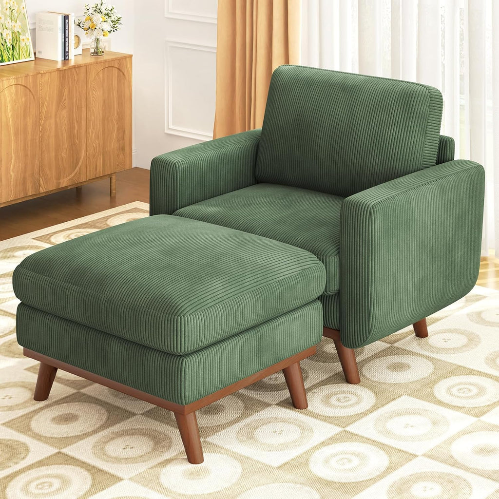 Vesgantti 38.5' Accent Chair with Movable Ottoman, Comfy Corduroy Armchair with Spring Cushion, Reading Chair with Ottoman, Modern Single Sofa for Living Room, Bedroom and Apartment, Green