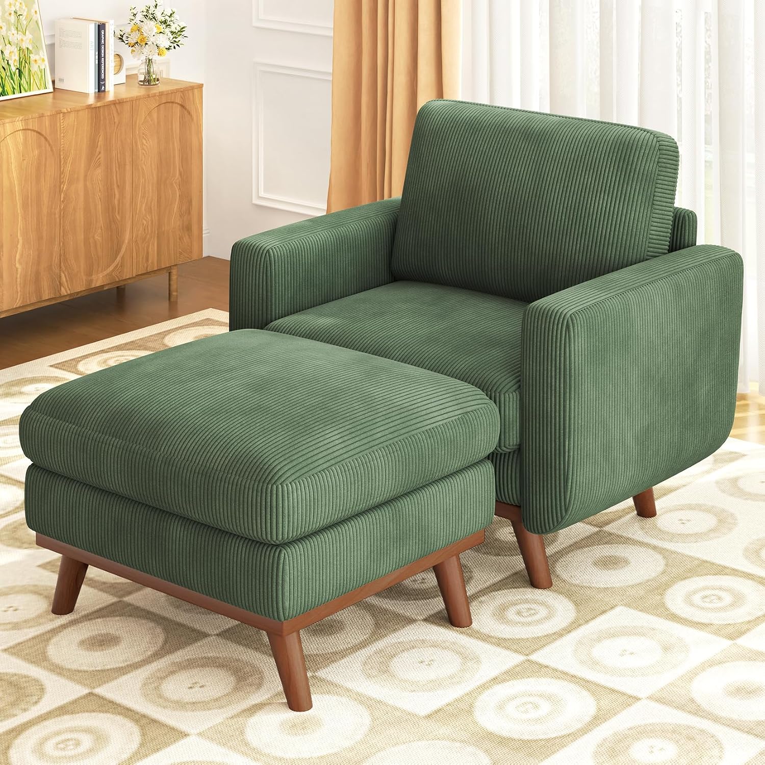 Vesgantti 38.5' Accent Chair with Movable Ottoman, Comfy Corduroy Armchair with Spring Cushion, Reading Chair with Ottoman, Modern Single Sofa for Living Room, Bedroom and Apartment, Green
