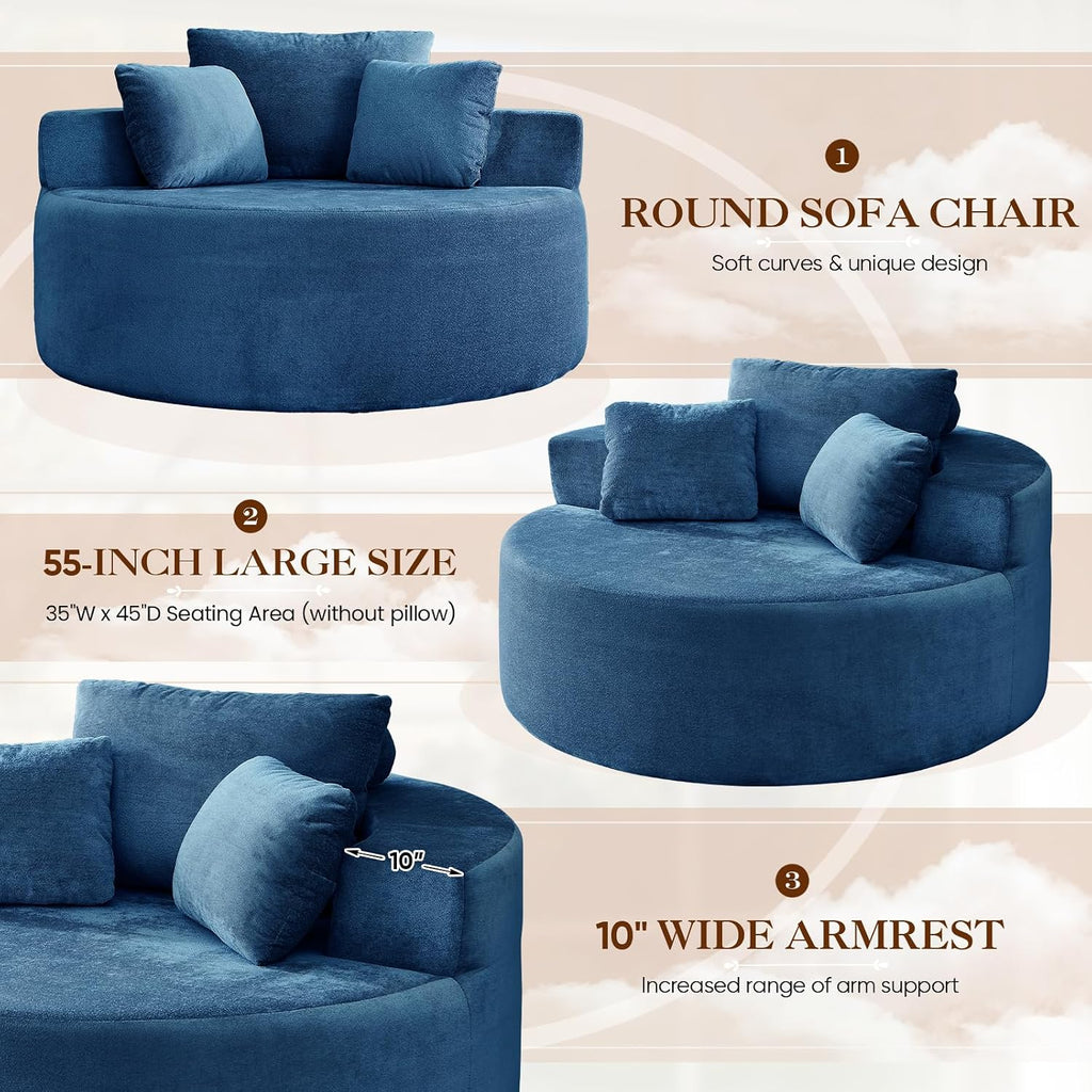 Antetek Oversized Round Chaise Longue Chair Indoor, Modern 55-inch Upholstered Terry Fabric Deep Seat Circle Single Cloud Lounge Floor Accent Chair for Living Room, Bedroom Apartment, Blue