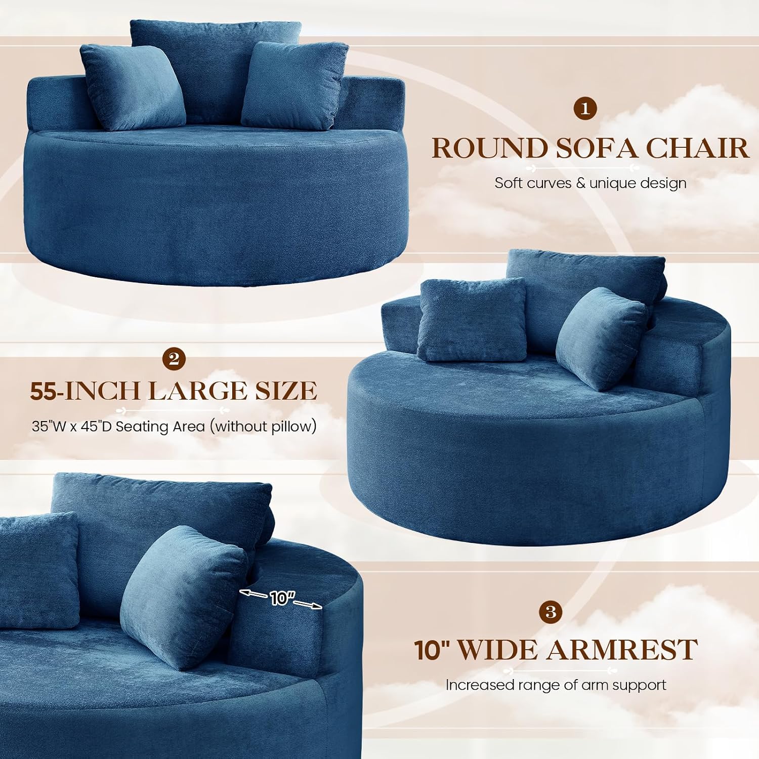 Antetek Oversized Round Chaise Longue Chair Indoor, Modern 55-inch Upholstered Terry Fabric Deep Seat Circle Single Cloud Lounge Floor Accent Chair for Living Room, Bedroom Apartment, Blue