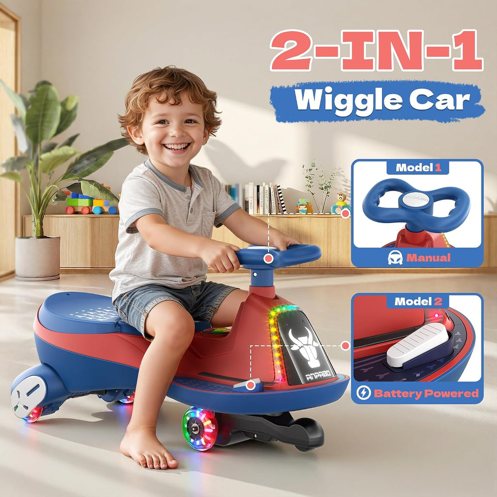 ANPABO 12V Electric Wiggle Car with Pedals, 2 Seater, 2x75W Motor, Music & Bluetooth, Ride On Toy for Kids Ages 3+, 170 Lbs, Blue