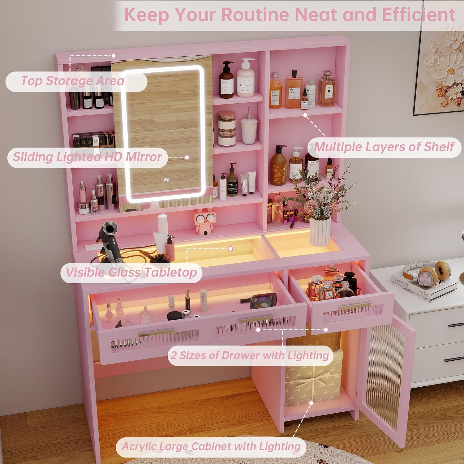 Hadulcet Pink Vanity Desk with Mirror and Lights, 43' Makeup Vanity Desk with Glass Top, Power Outlets, 2 Drawers, 10 Shelves & Acrylic Cabinet, LED Vanity Table for Girls Women Gift