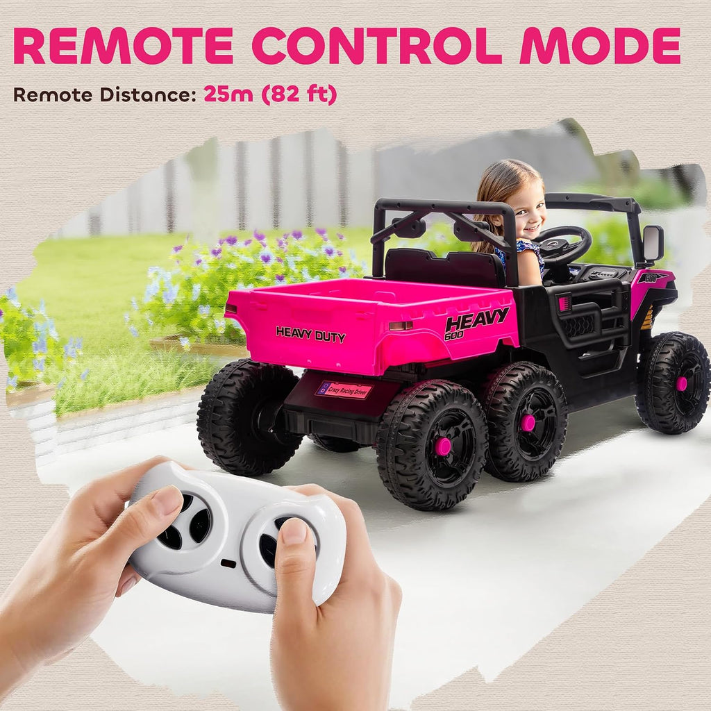 Qaba 24V Kids Ride On Car with 6 Wheels, 4WD Electric Ride On Dump Truck with Remote Control, Wheel Suspension, Off-Road UTV with LED Lights, Horn and Music for Kids 3-6 Years Old, Pink