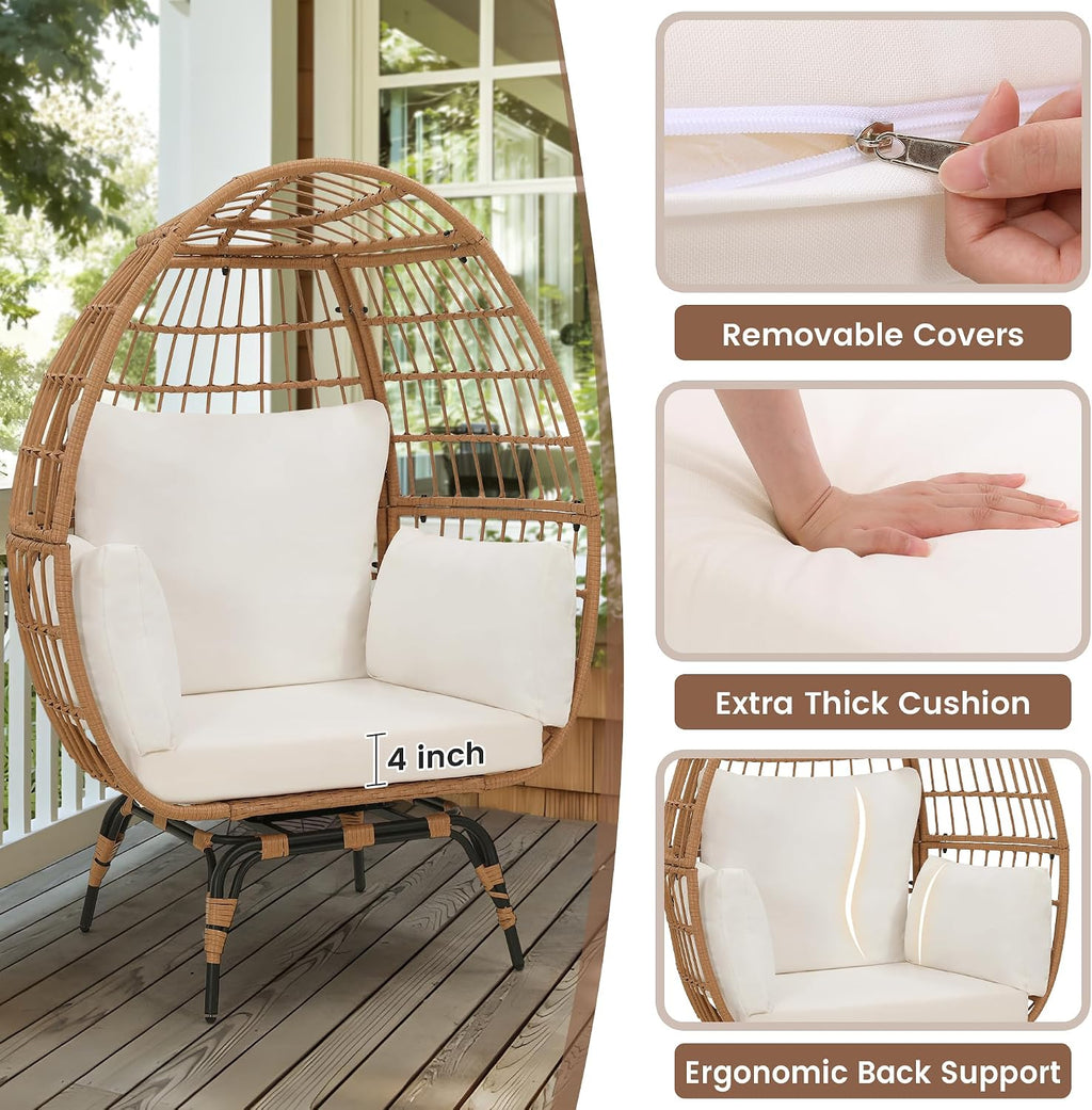 Murago Oversized 360° Swivel Rattan Egg Chair for Adult, Indoor Outdoor Patio Large Wicker Egg Chair with Overstuffed Cushions, 440lb Weight Capacity, Natural Rattan with Beige Cushion