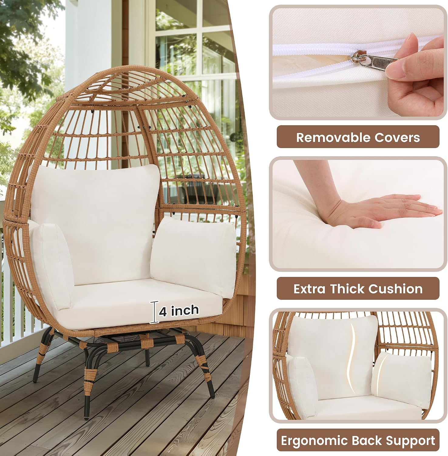 Murago Oversized 360° Swivel Rattan Egg Chair for Adult, Indoor Outdoor Patio Large Wicker Egg Chair with Overstuffed Cushions, 440lb Weight Capacity, Natural Rattan with Beige Cushion