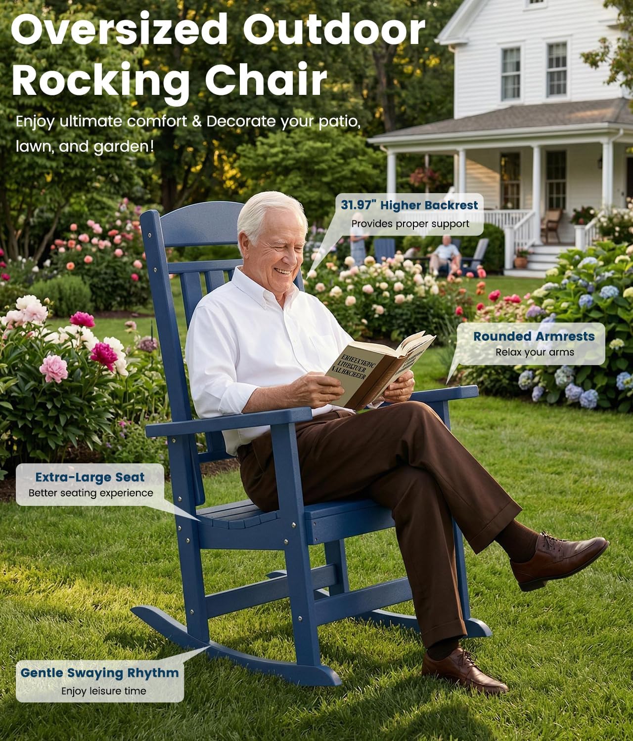 FOOWIN Outdoor Rocking Chair Set of 2, High Back Patio Rocking Chair, HDPE All Weather Resistant Porch Rocker for Adult, Oversized Rocking Chairs for Garden, Lawn, Indoor & Outdoor Use, Navy Blue