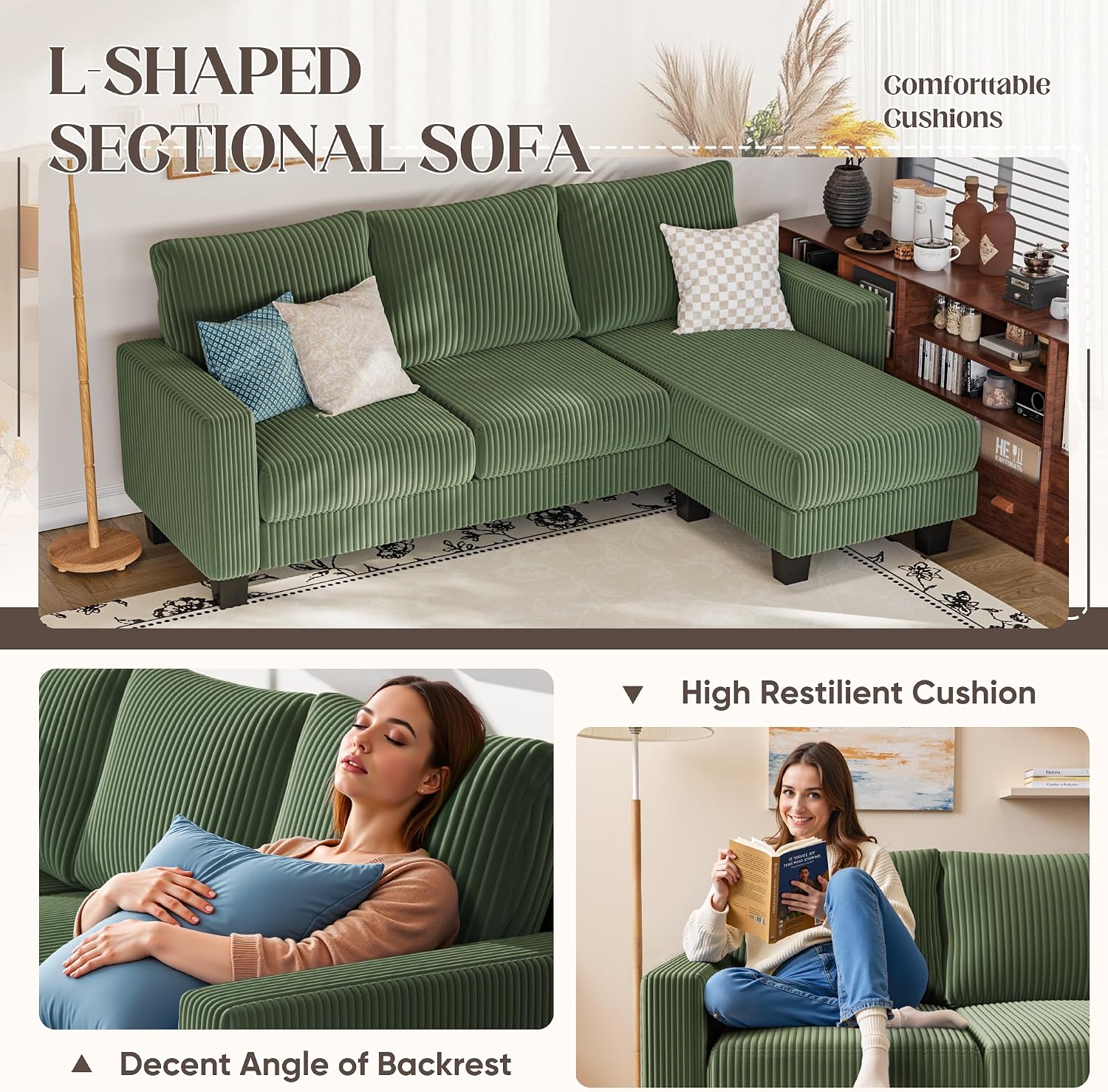 YESHOMY Convertible Sectional Couch, Couches with Mobile Ottoman, Small Sofa L-Shaped 3 Seater with Corduroy Fabric for Living Room, Apartment and Office, 70', Olive Green