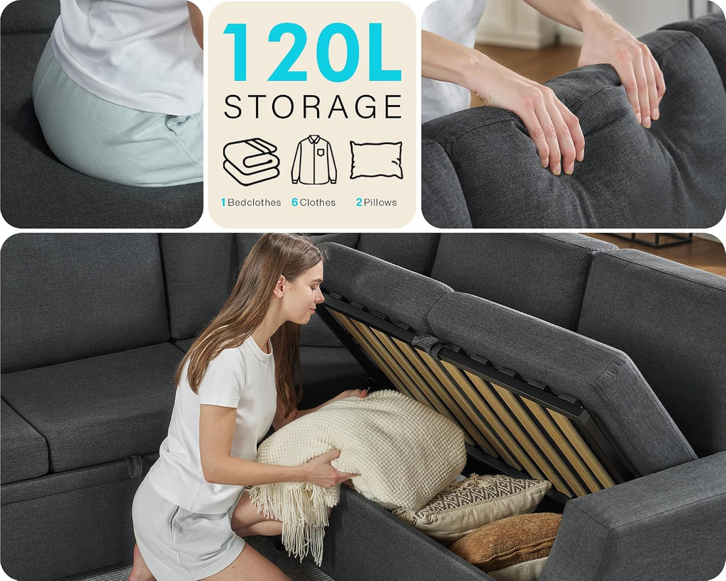 AMERLIFE Sofa Bed, 85 Inch Reversible L Shape Couch with Pull Out Bed & Storage Seat, Oversized Sectional Sleeper Bed for Living Room Apartment, Grey Linen Sleeper Sofa Couch