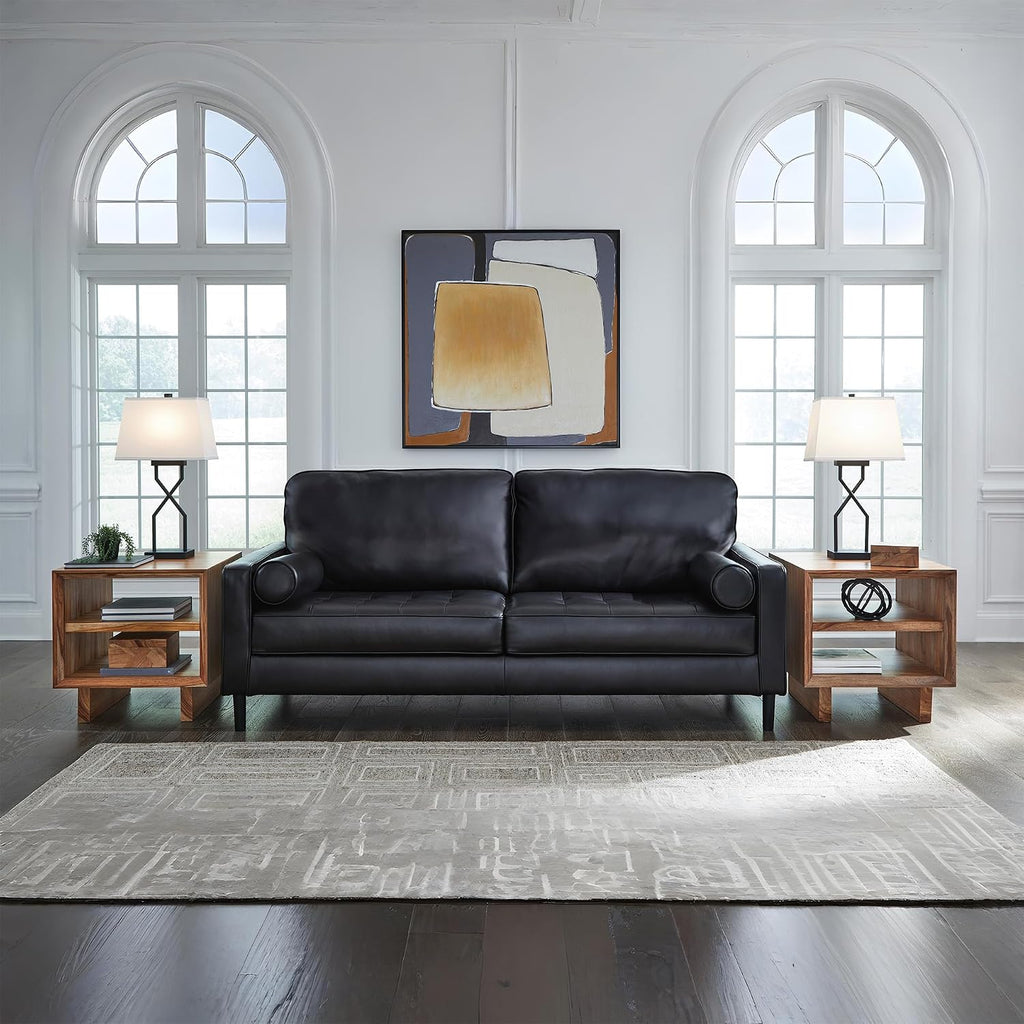 Signature Design by Ashley Bryceview Contemporary Leather Match Tufted Sofa with 2 Bolster Pillows, Black
