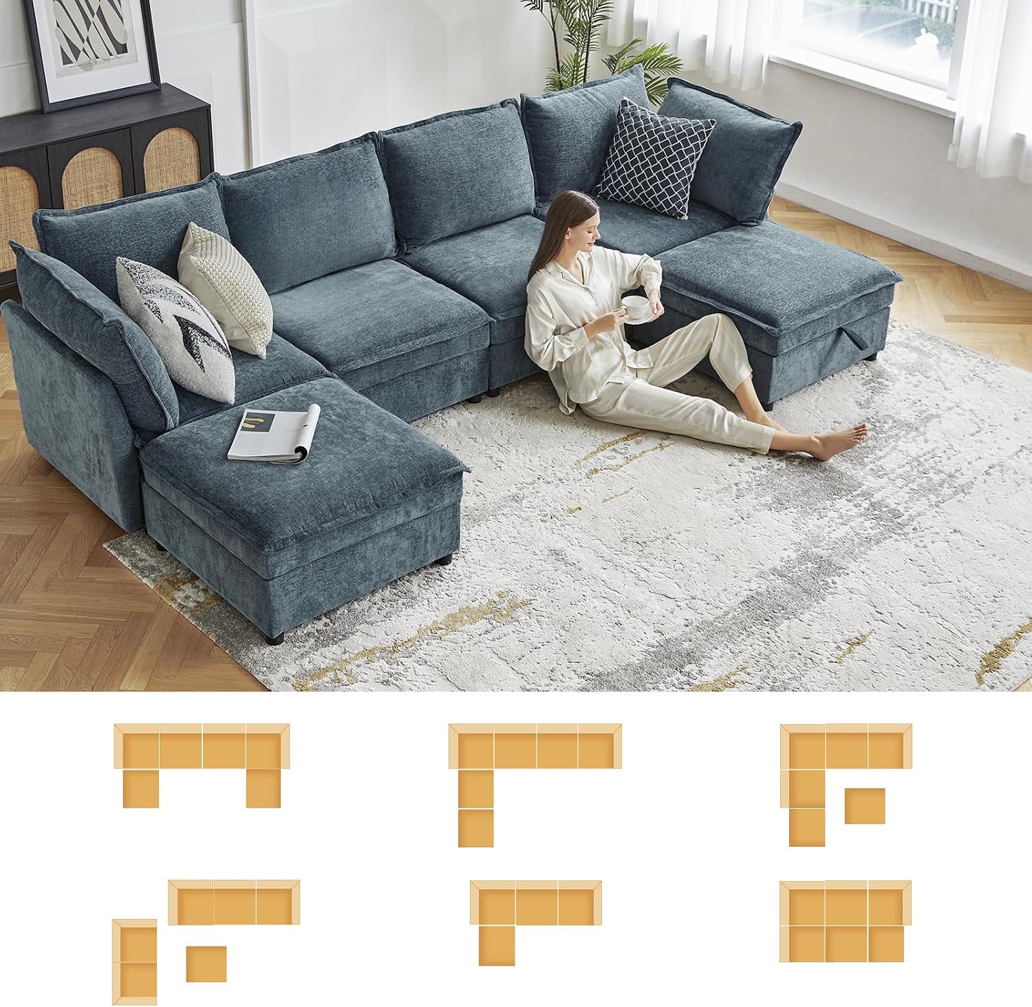 HULALA HOME 127'' Modular Sectional Sofa, Oversized U Shaped Couch with Storage Ottoman, Comfy Chenille Sofa with Deep Seat, 6 Seat Convertible Couches for Living Room, Blue