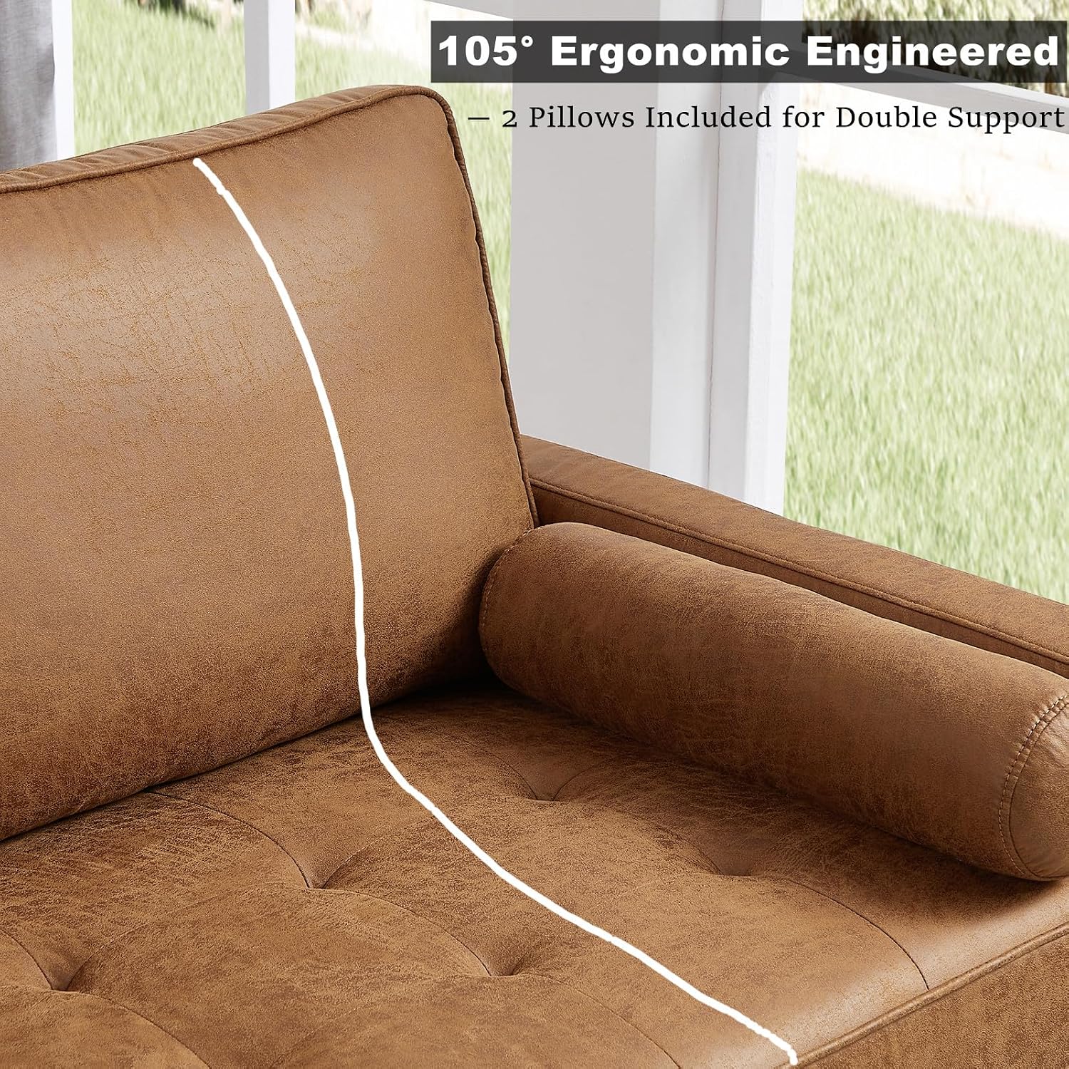 HIFIT 58' Loveseat Sofa Couch, Mid Century Modern Faux Leather Couch with Hand-Sewn Deep Love Seat & 2Pillows, Home Sofa Living Room Small Couches for Small Space,Bedroom,Office,Solid Wood Frame,Brown