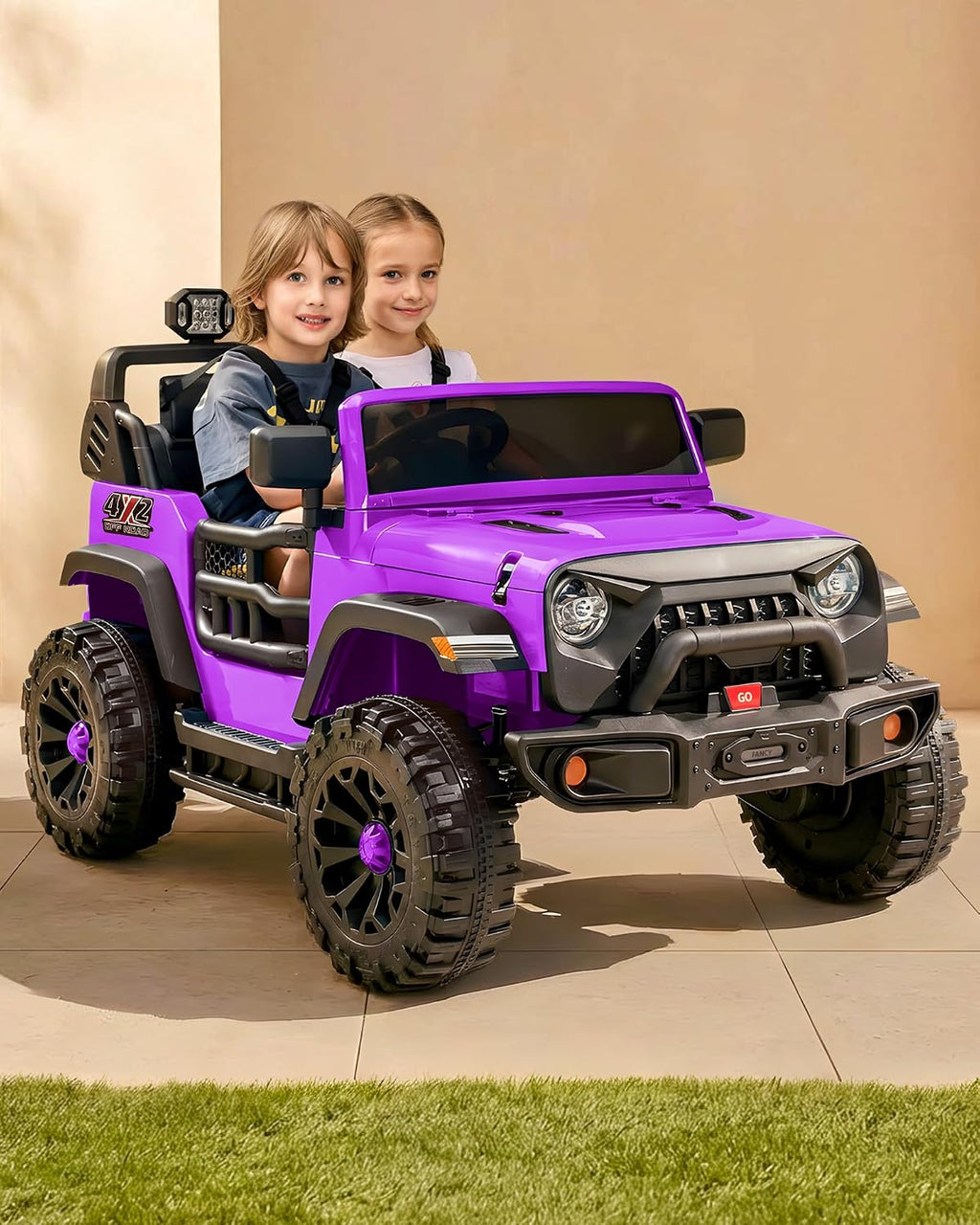 Outfunny 2 Seater Ride on Car Toy, 12V Electric Car for Kids 4-8 with Remote Control, Capacity 150 lb, LED Light - Purple