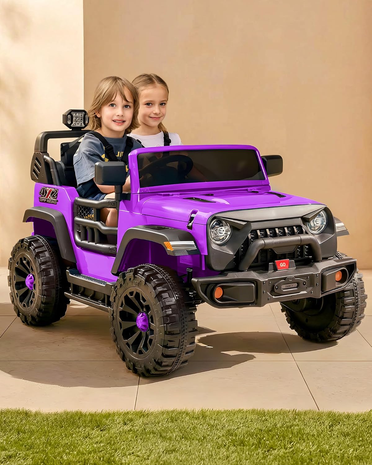 Outfunny 2 Seater Ride on Car Toy, 12V Electric Car for Kids 4-8 with Remote Control, Capacity 150 lb, LED Light - Purple