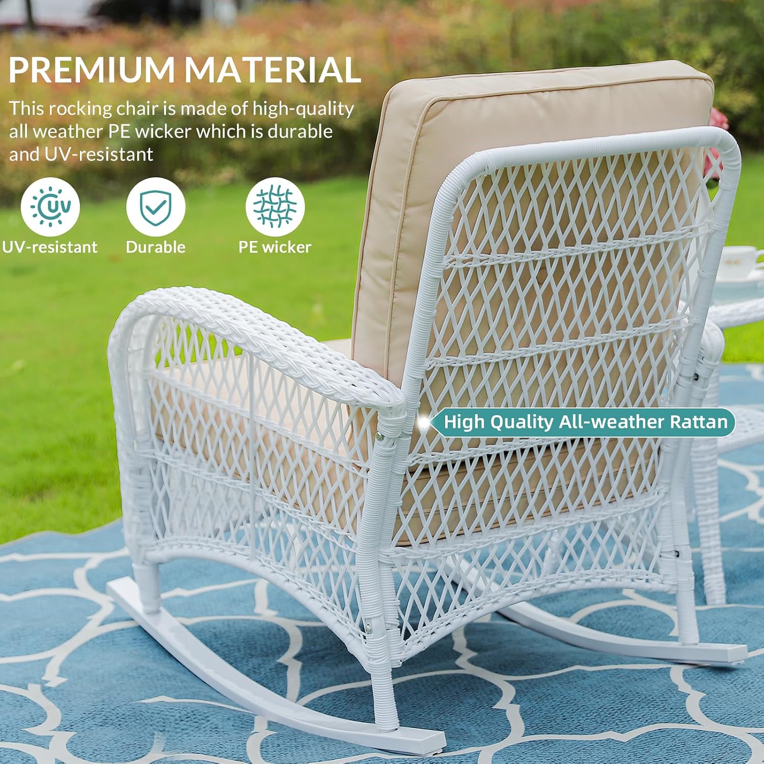MEETWARM Outdoor Wicker Rocking Chair, Rattan Patio Rocker Chairs with Cushions and High Back, All-Weather Patio Wicker Chair with Safe Rocking Design for Garden Backyard Porch, White/Beige