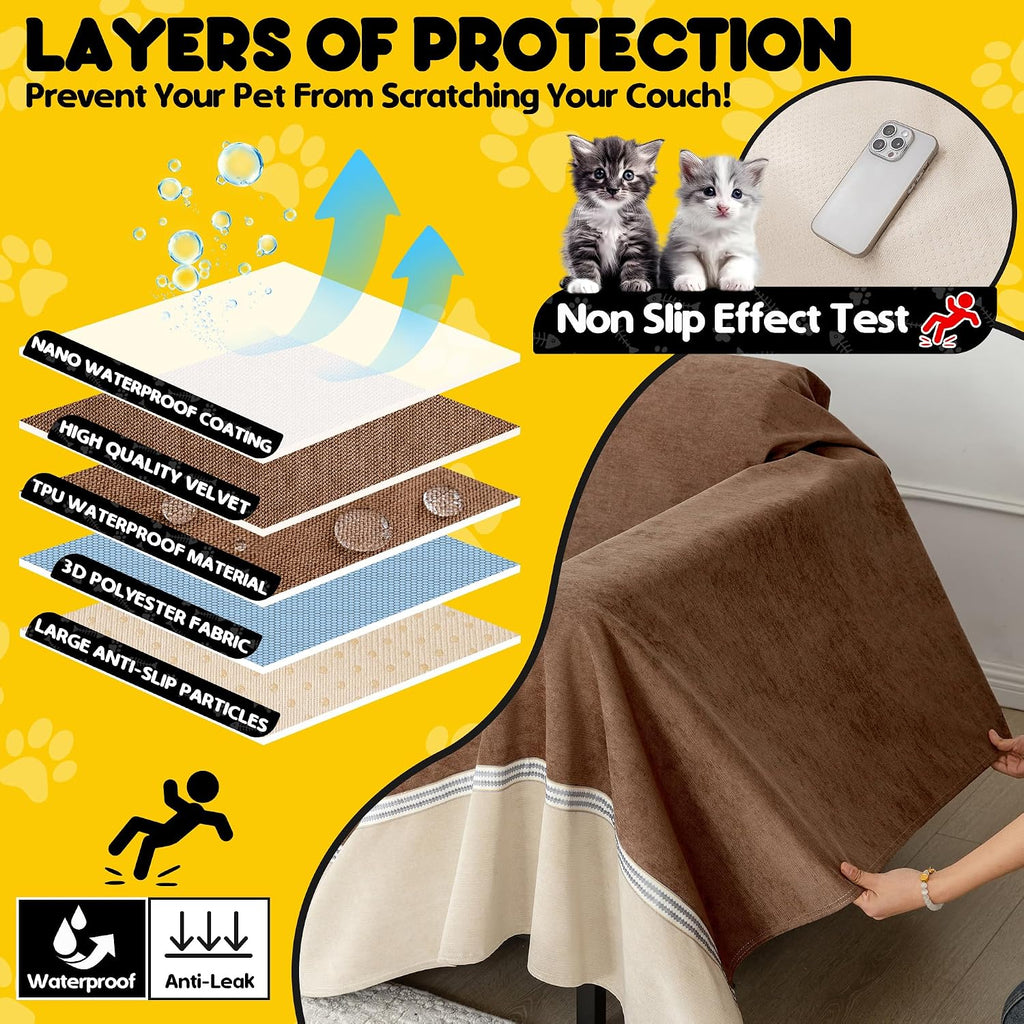 Loiion Cat Scratch Furniture Protector - Anti-Slip, Waterproof Sofa Cover to Keep Cats Off, Pet-Friendly Couch Protectors for 3 Cushion Couch, Anti-Scratch Couch Cover for Pets and Kids 134'X91'Brown