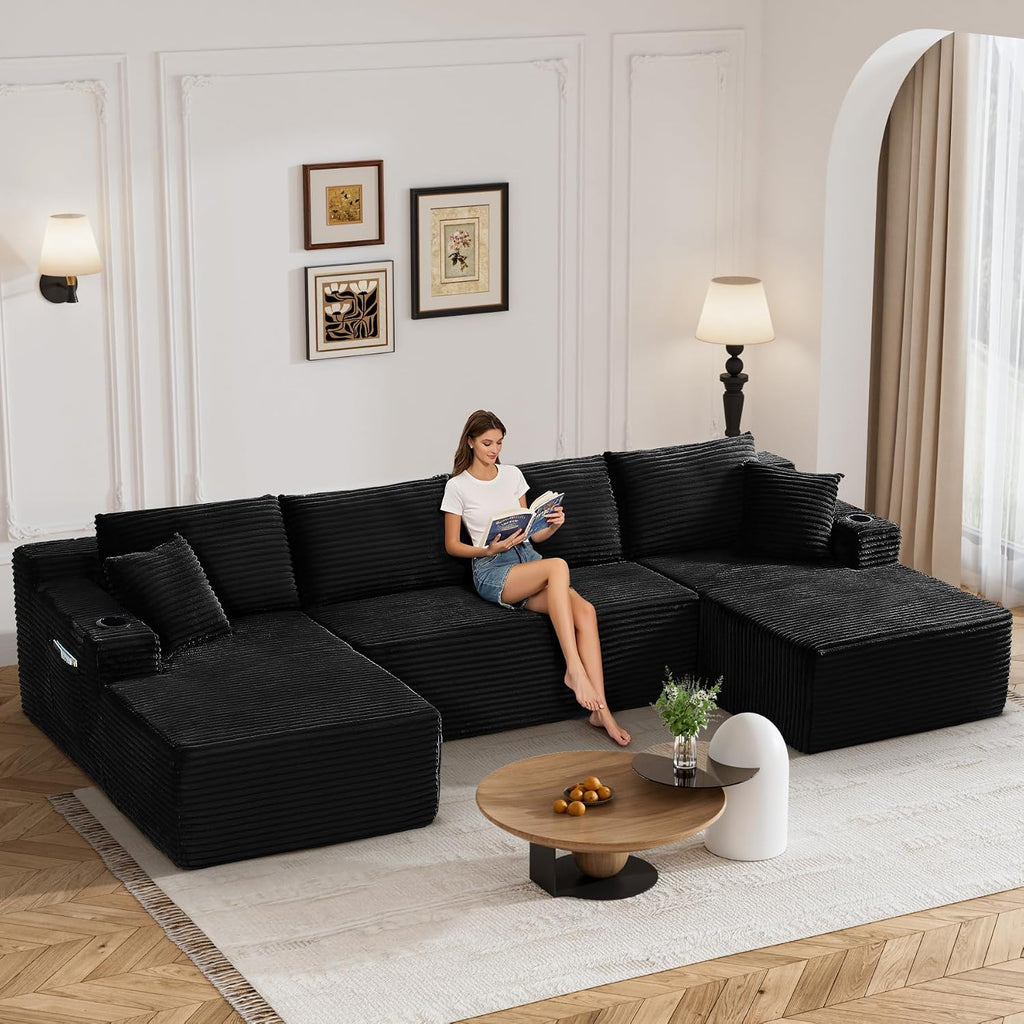 133' Oversized Cloud Boneless Sofa Couch with Chaise, Modern Corduroy U Shaped Modular Sectional Sofa with Deep Seat, Comfy Couch with Cupholders and Storage, No Assembly Required-Black
