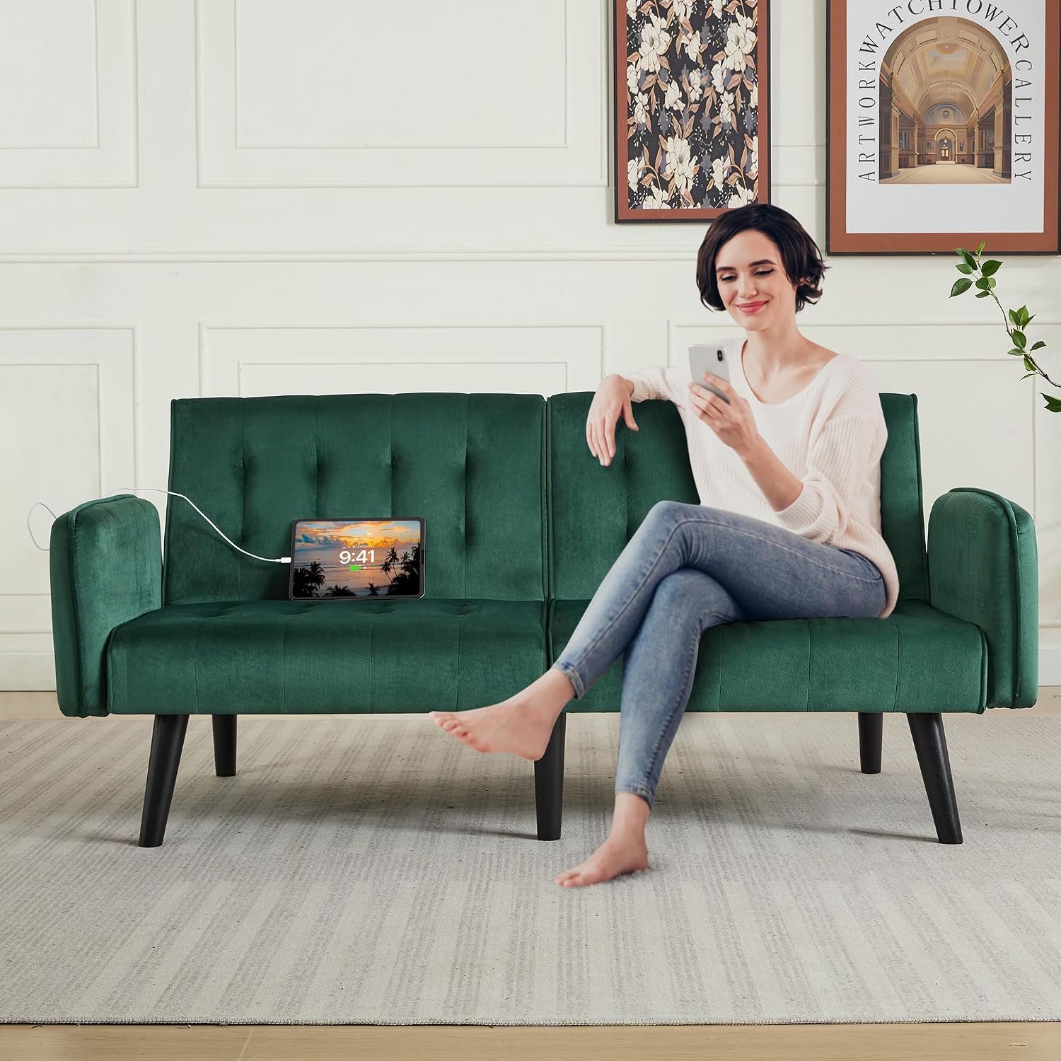 TYBOATLE 65' W Velvet Modern Convertible Folding Futon Couch Sofa Bed w/ 2 USB Charging Ports and arms, Loveseat for Living Room, Office, Apartment, Bedroom (Green)