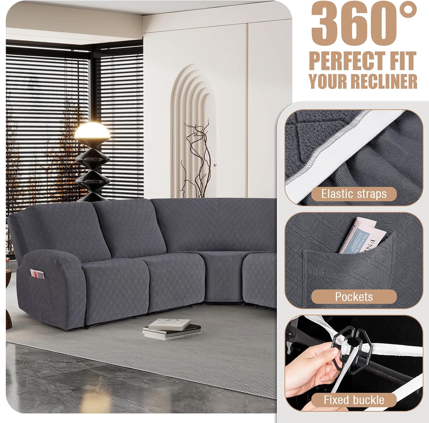 VANSOFY Extra Large Reclining Sectional Couch Covers, Washable 5-Piece Sofa Covers for L Shape Sectional Sofa Corner Seater, Thick, Soft Sofa Slipcovers (5 Seat Recliner Cover,Charcoal Gray)