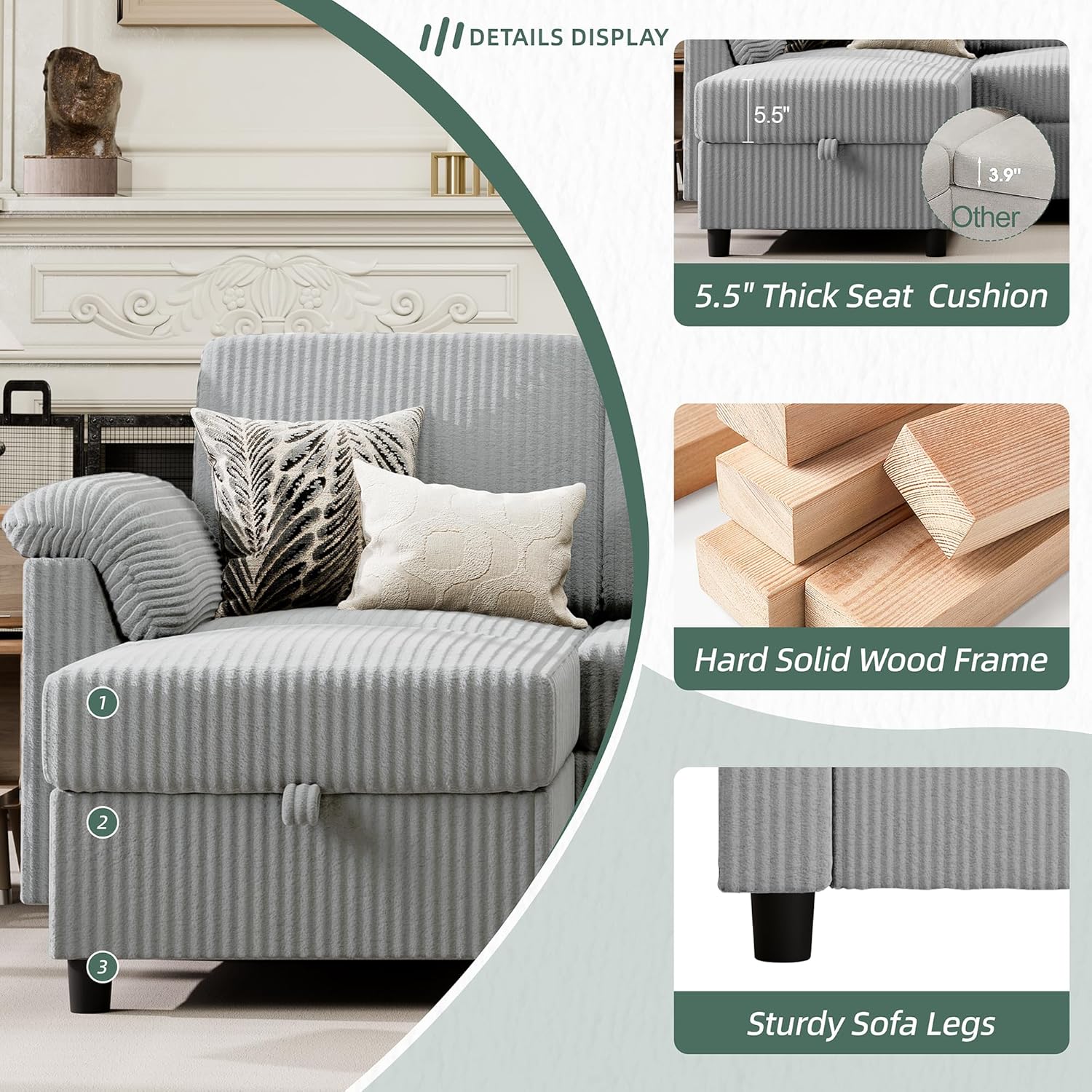 Vongrasig 79' Convertible Sectional Couch Sofa with Storage Ottoman, 3 Seat L Shaped Couch with Side Storage Pockage, Small Couches for Living Room, Apartment and Small Space (Light Grey)