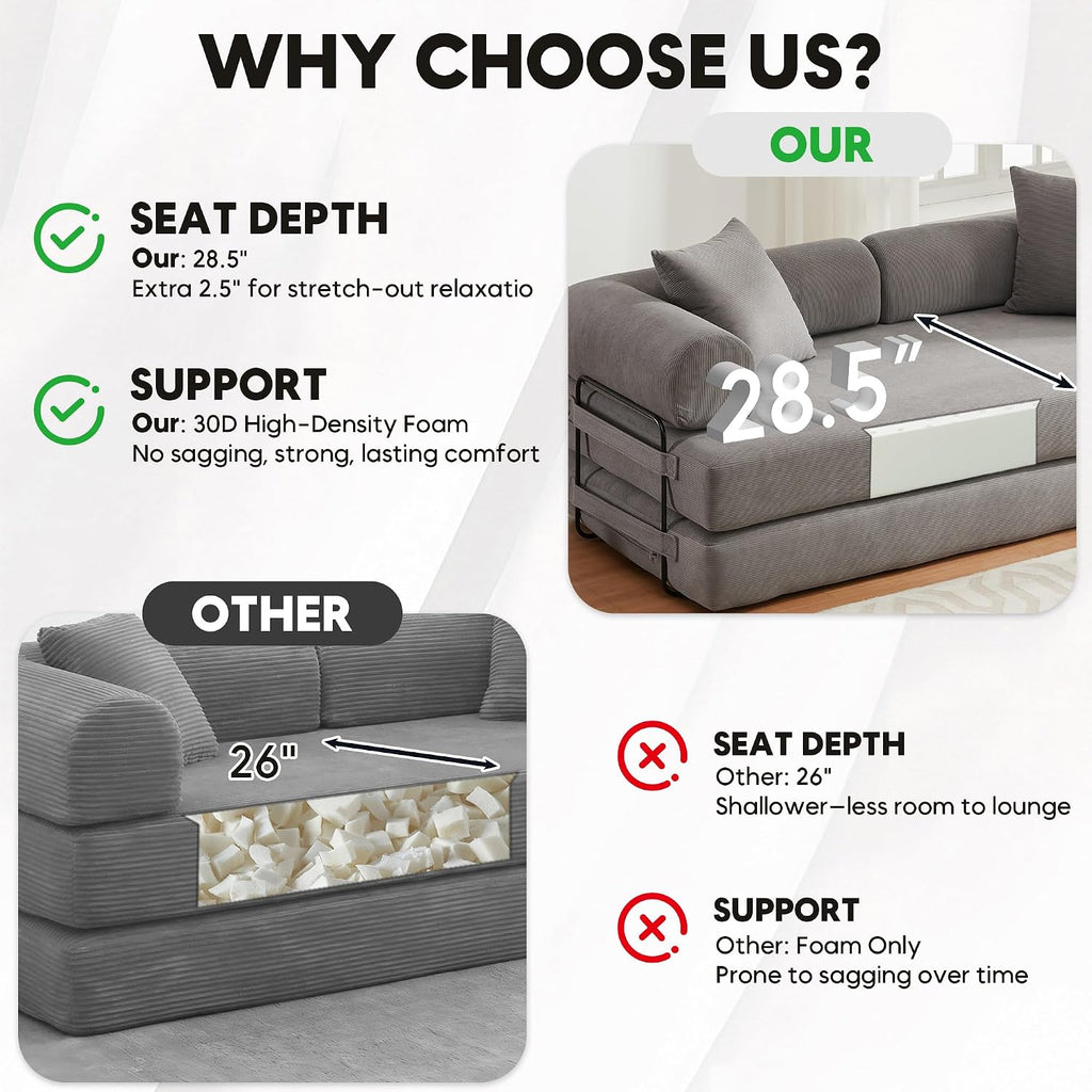 ZEIINPA Convertible Sleeper Sofa Bed with Cylindrical Pillow, Corduroy Folding Mattress Couch with Fixed-Shape Frame, Floor Sofa Lounge Couch for Living Room Bedroom Lounge Studio-Grey